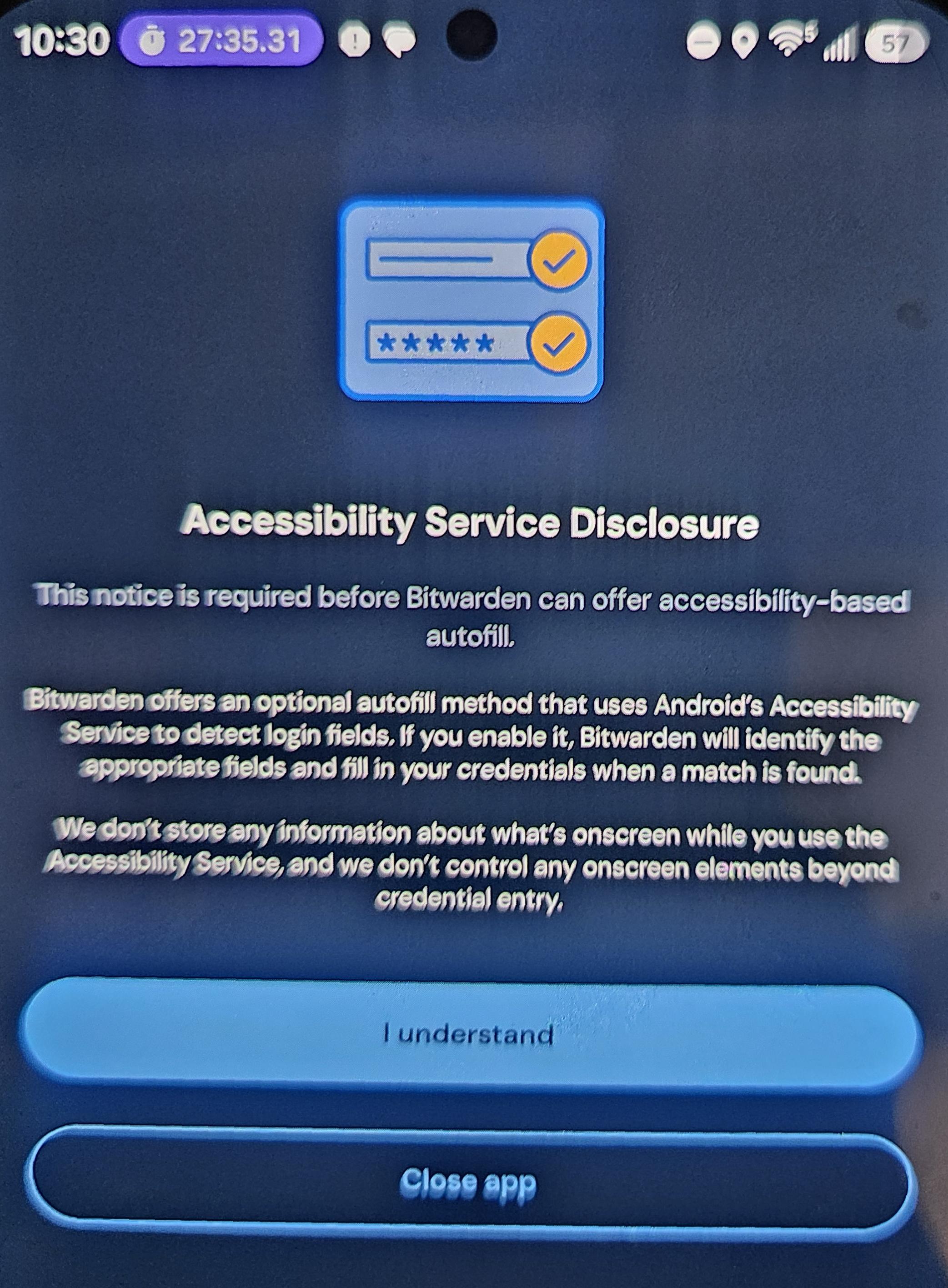 Bitwarden's Accessibility Service Disclosure screen on first launch