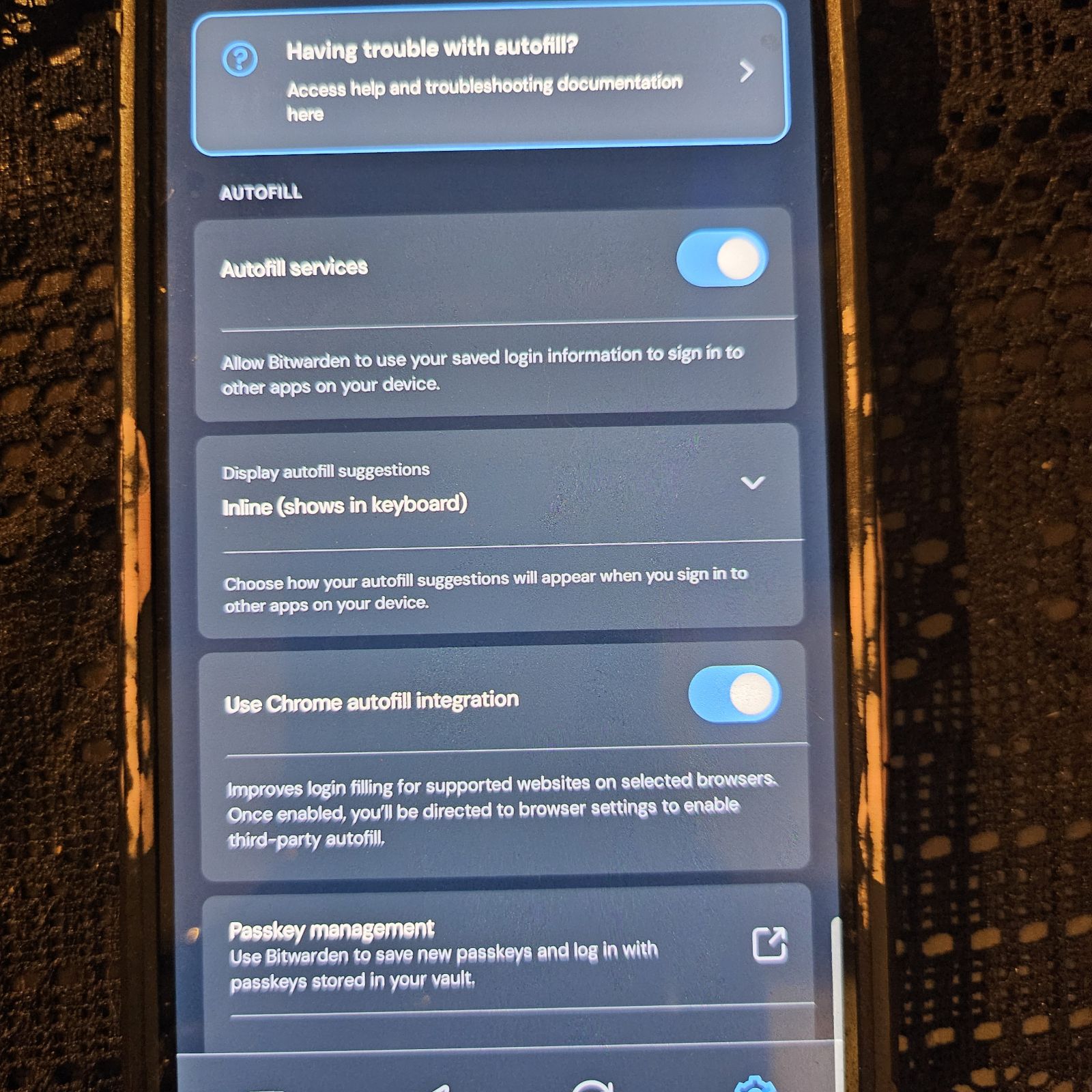 Bitwarden's in-app Autofill settings, with Chrome autofill integration enabled