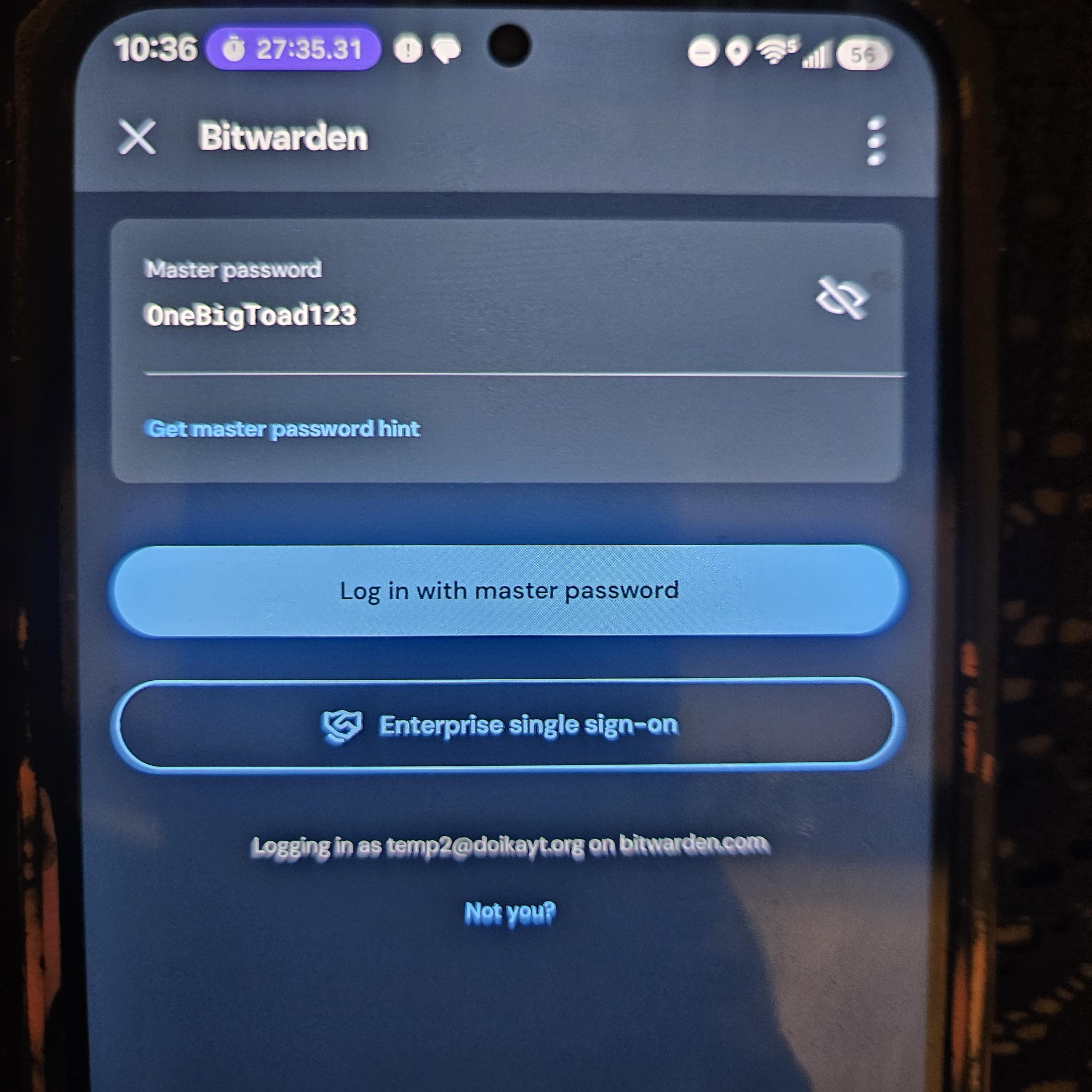 Logging in with the master password on Android