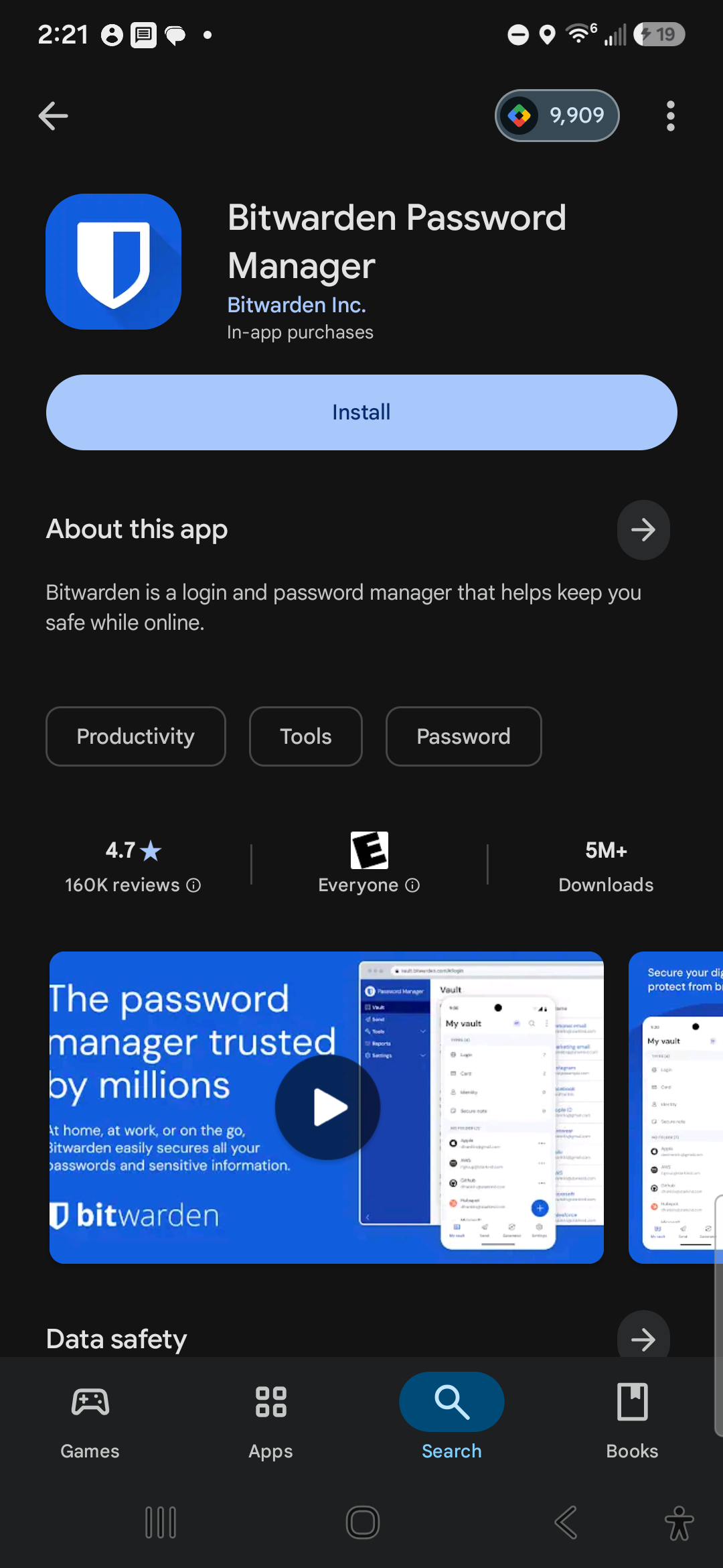 Bitwarden listing in the Play Store, ready to install