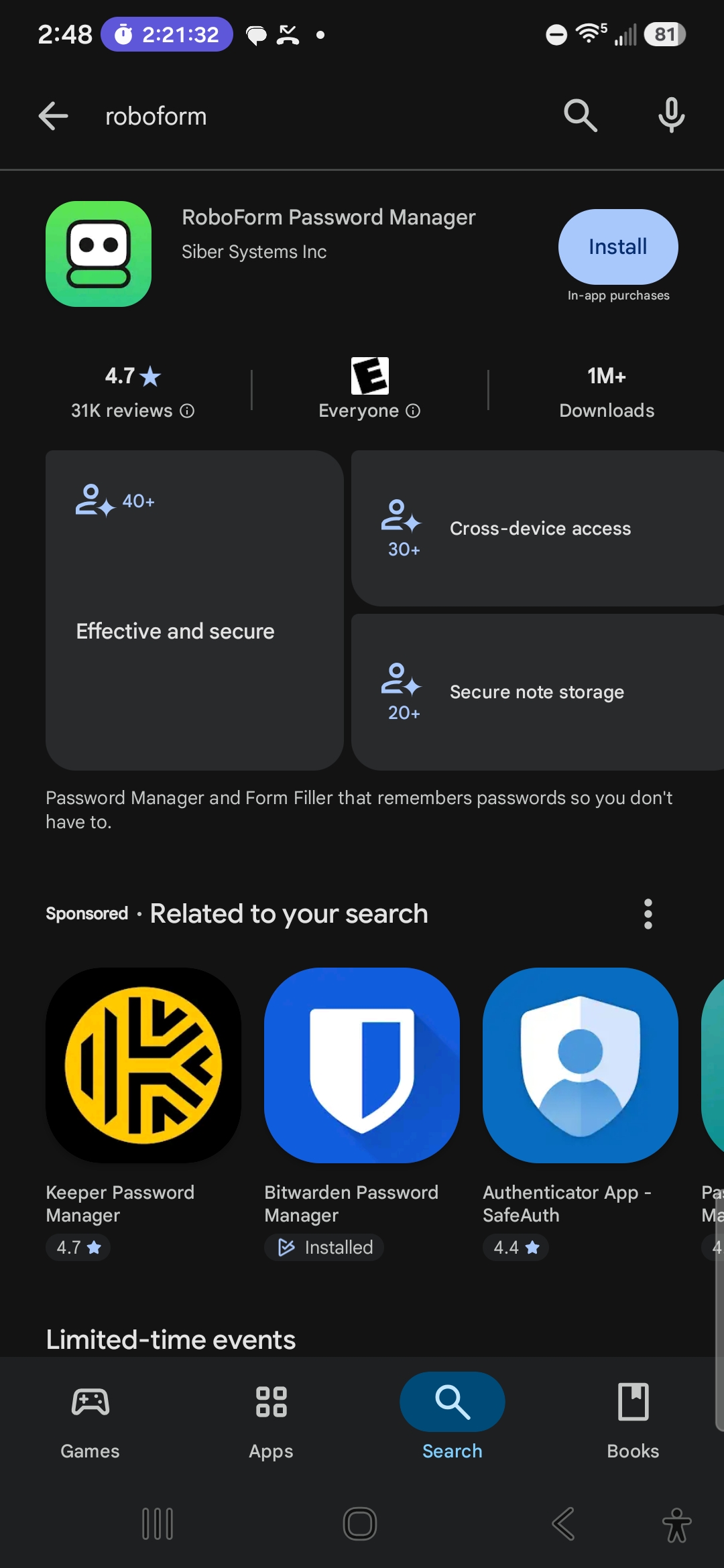RoboForm Password Manager's Play Store listing
