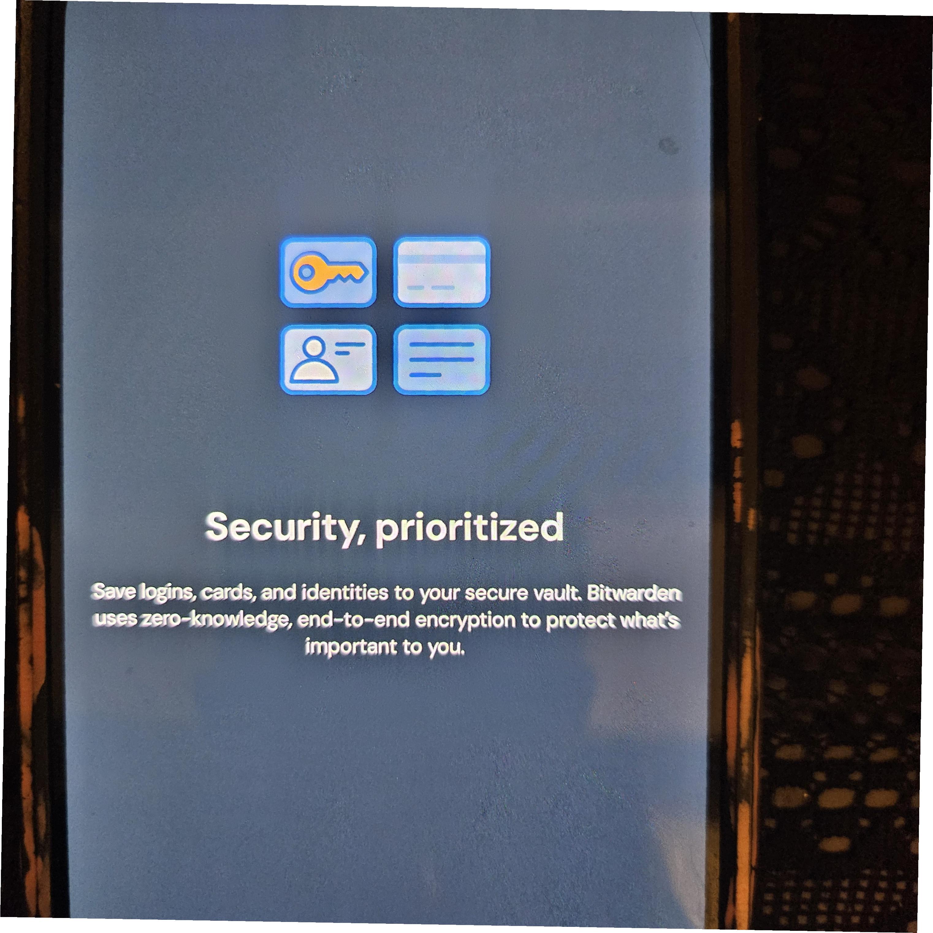 Bitwarden's "Security, prioritized" onboarding screen