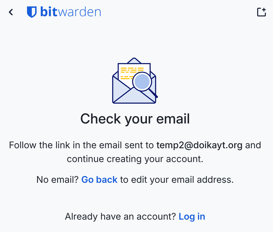 Bitwarden's "Check your email" confirmation step