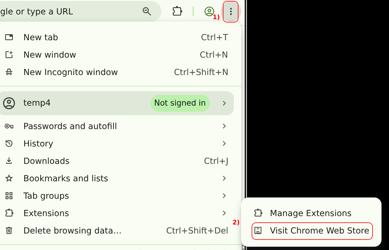 Chrome's Extensions menu, with "Visit Chrome Web Store" highlighted