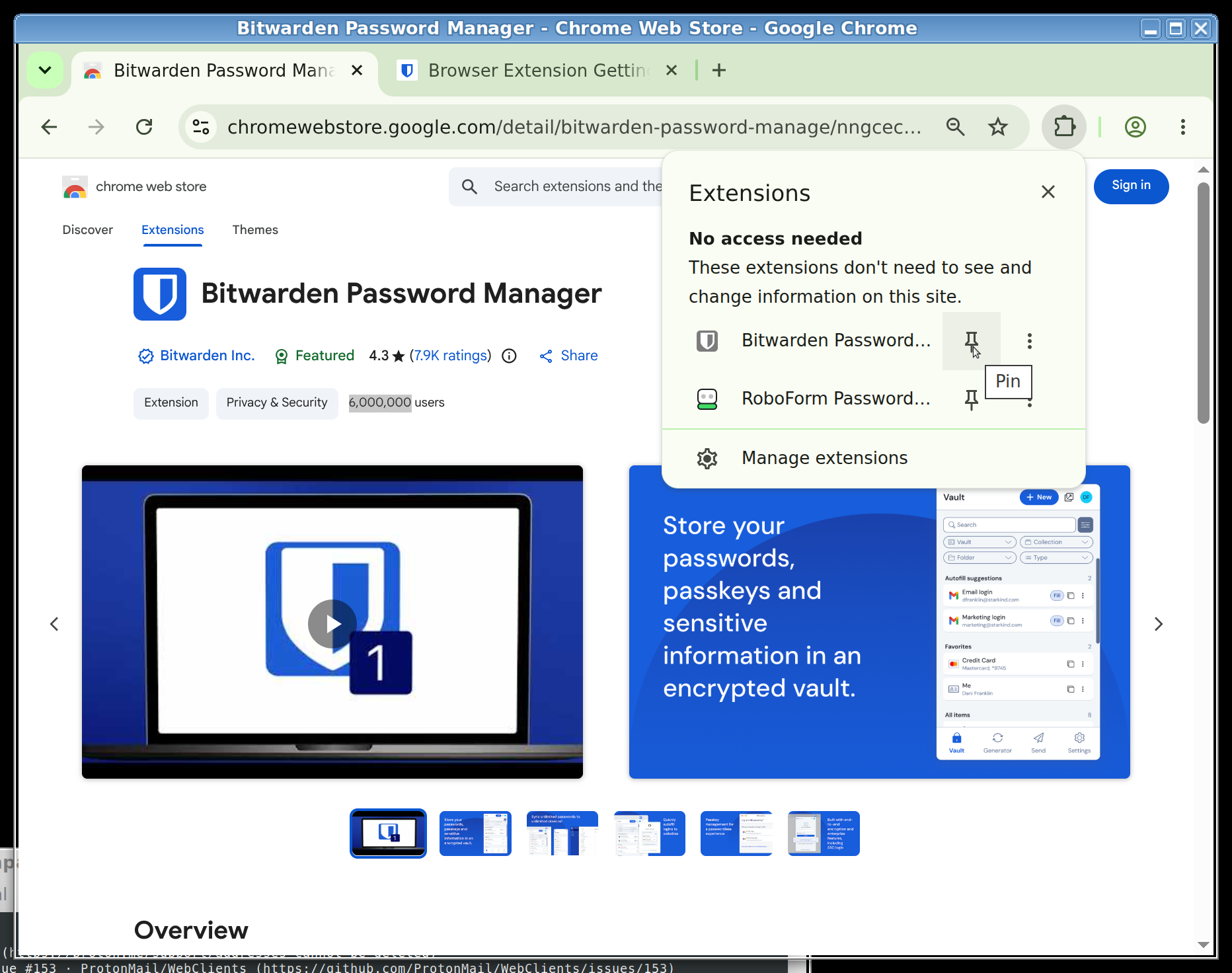 Pinning the Bitwarden extension from Chrome's extensions menu