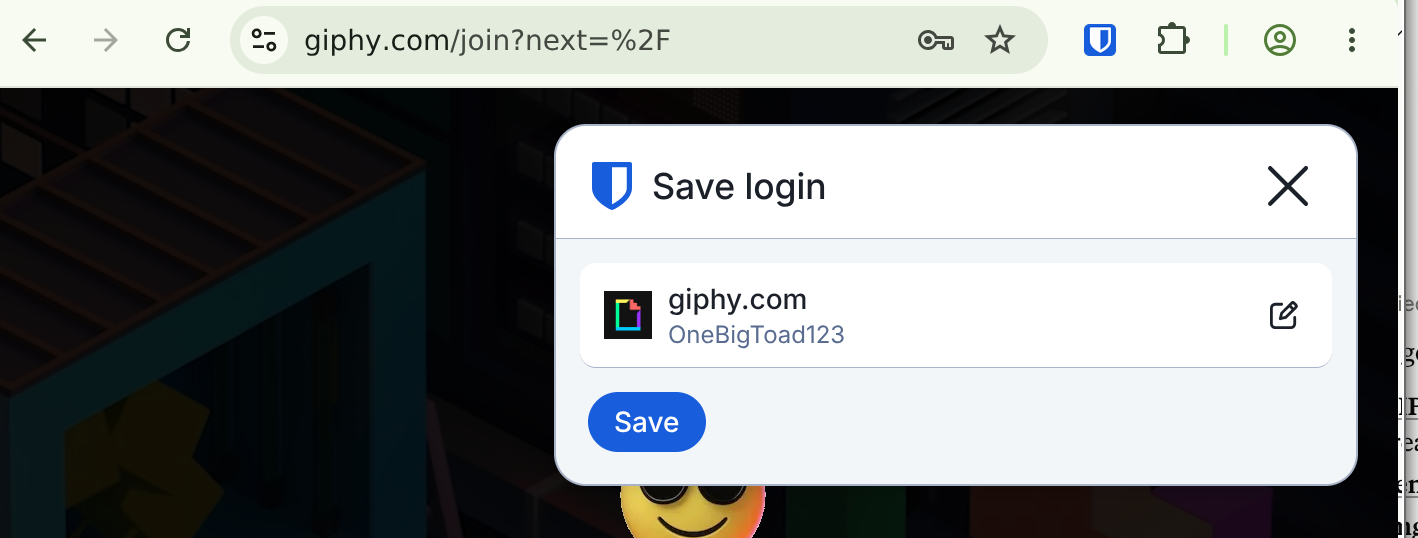 Bitwarden's "Save login" popup after submitting the signup form