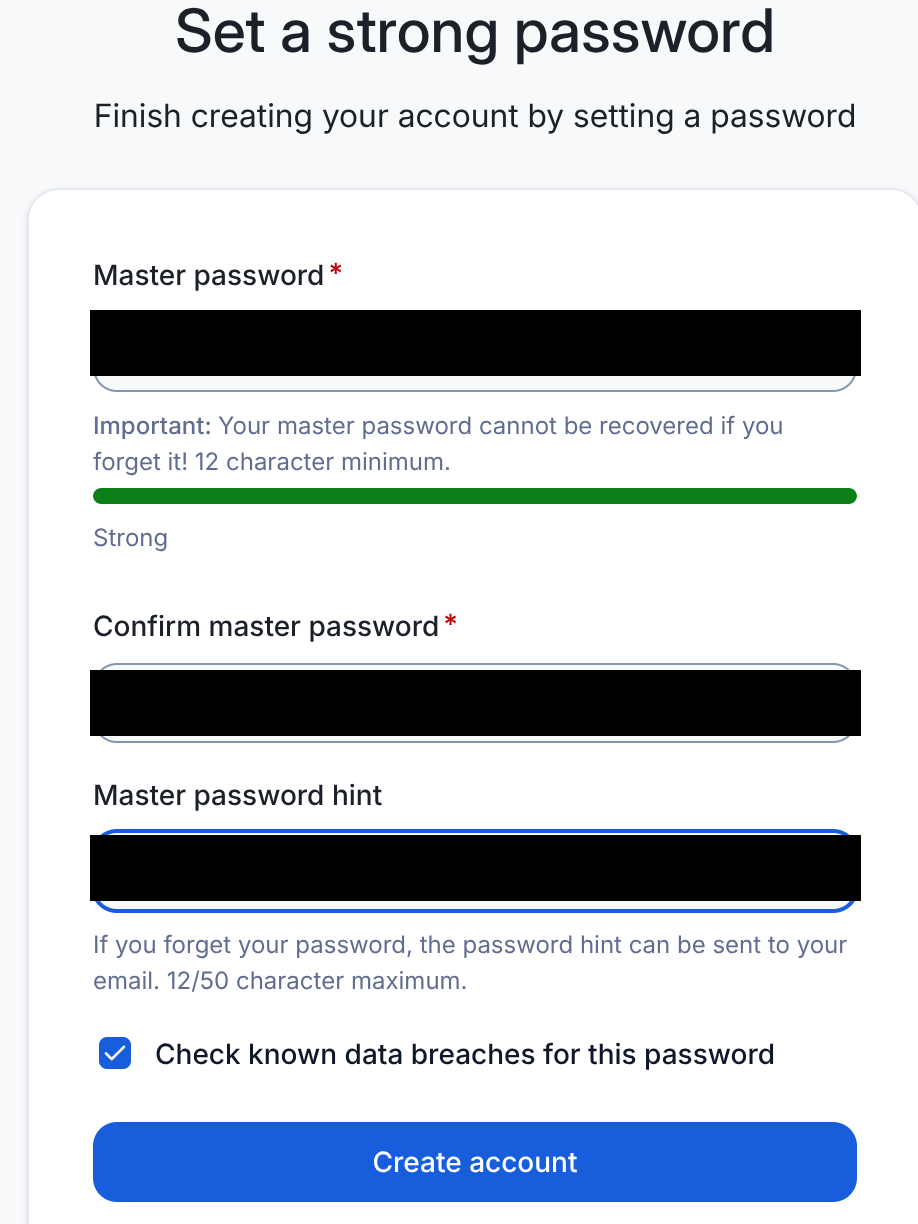 Bitwarden's "Set a strong password" step (password fields redacted)