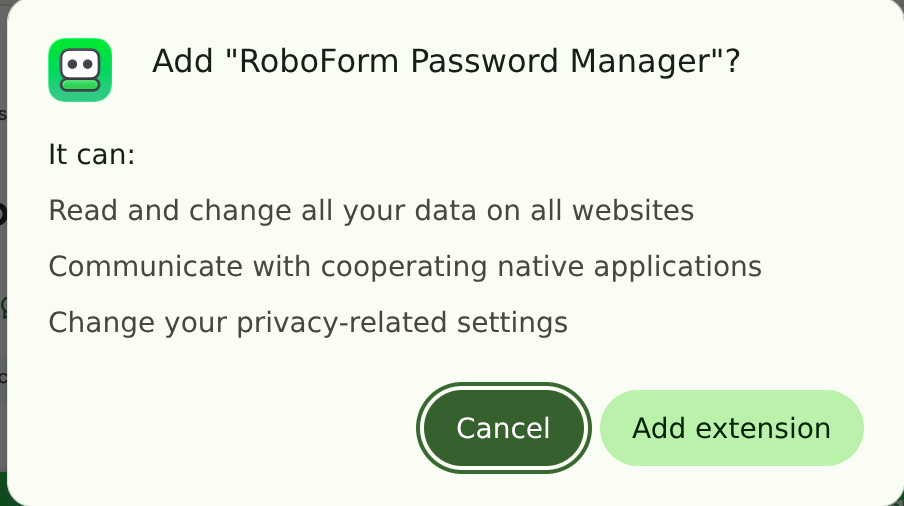 Chrome's "Add extension?" confirmation dialog for RoboForm