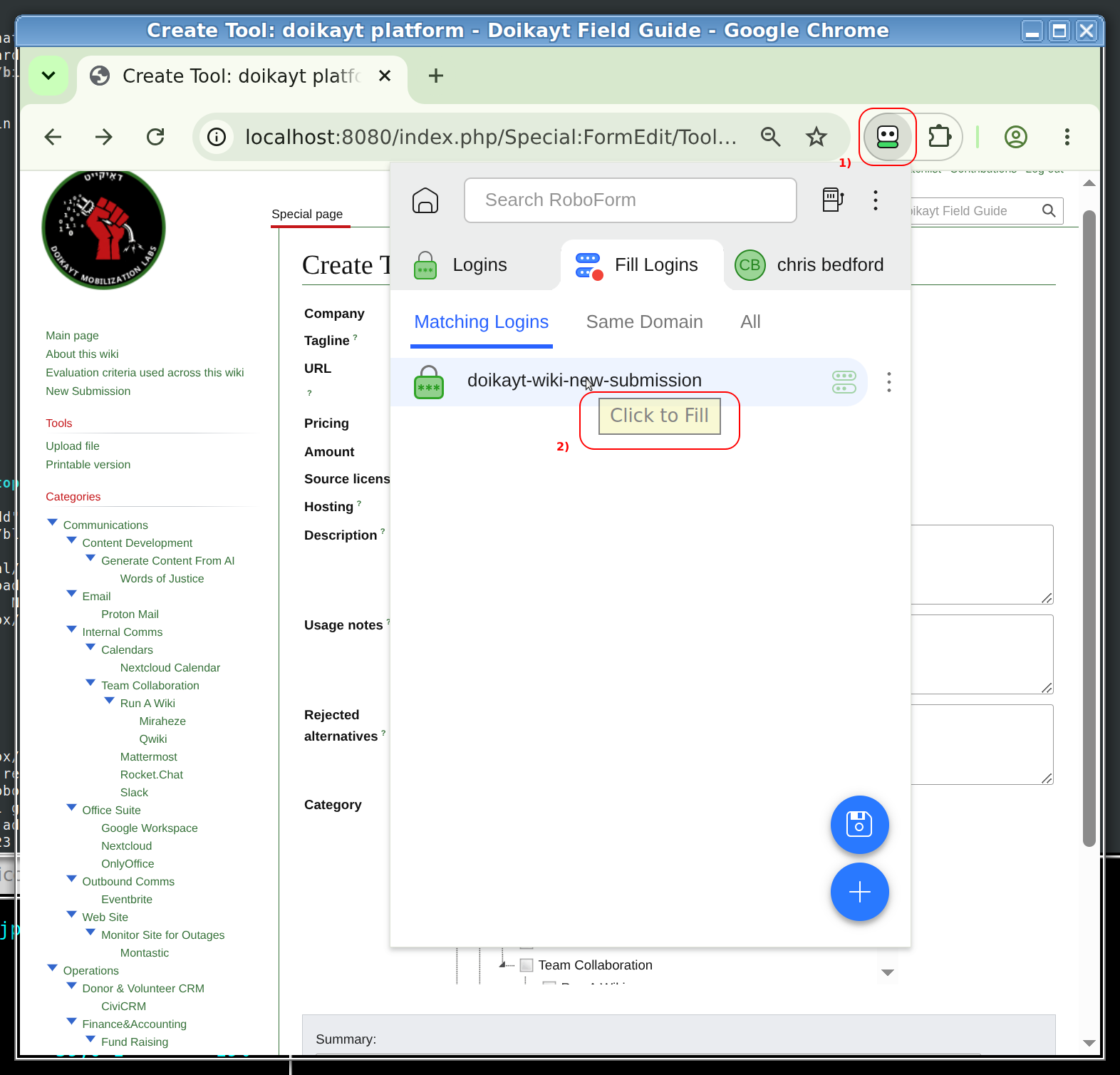 RoboForm's Fill Logins panel offering a saved match, ready to click and fill