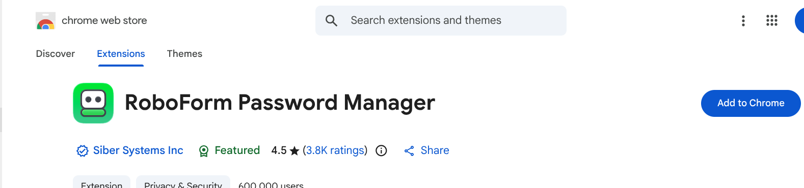 RoboForm Password Manager's Chrome Web Store listing