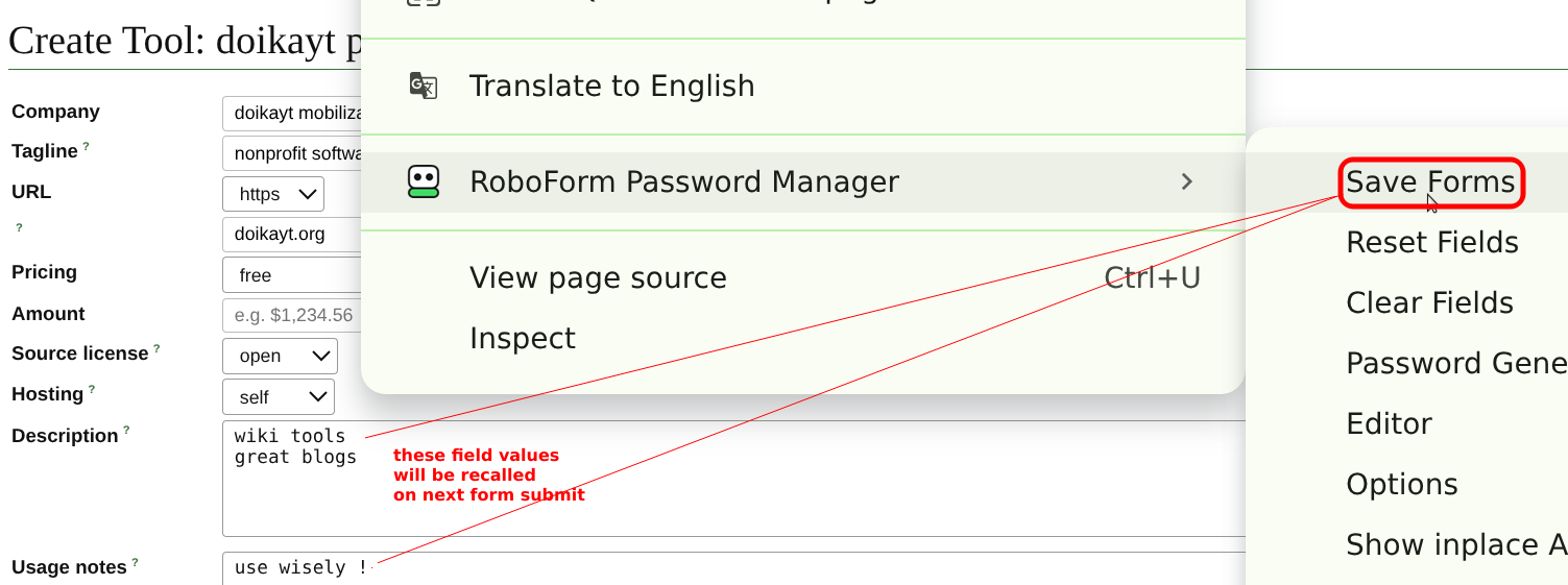The form's field values, annotated as what RoboForm will recall