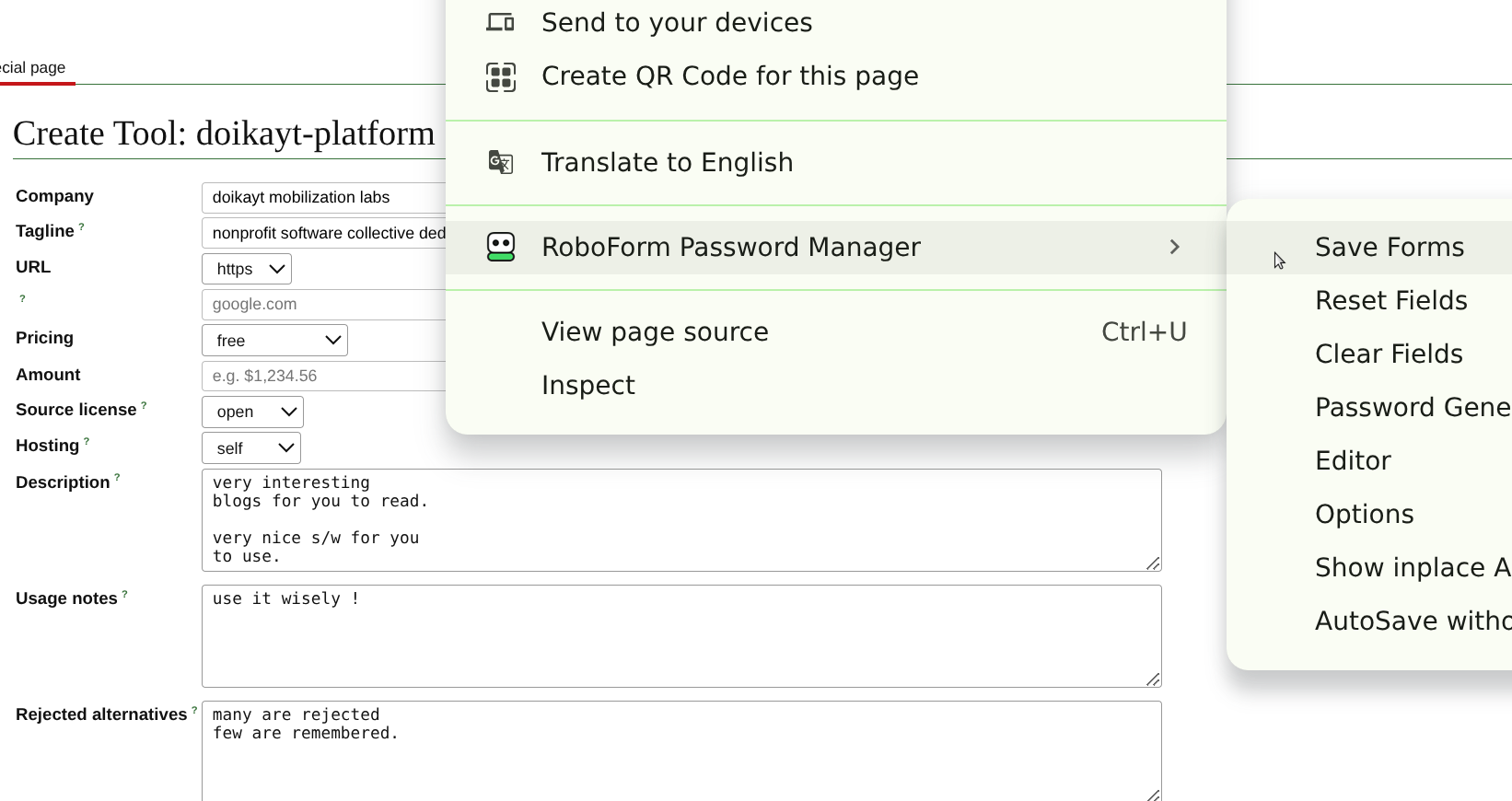 Right-clicking a filled-out form to reach RoboForm's Save Forms option