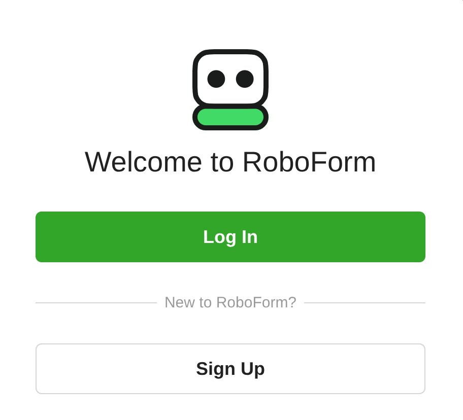 RoboForm's welcome screen, choosing between Log In and Sign Up