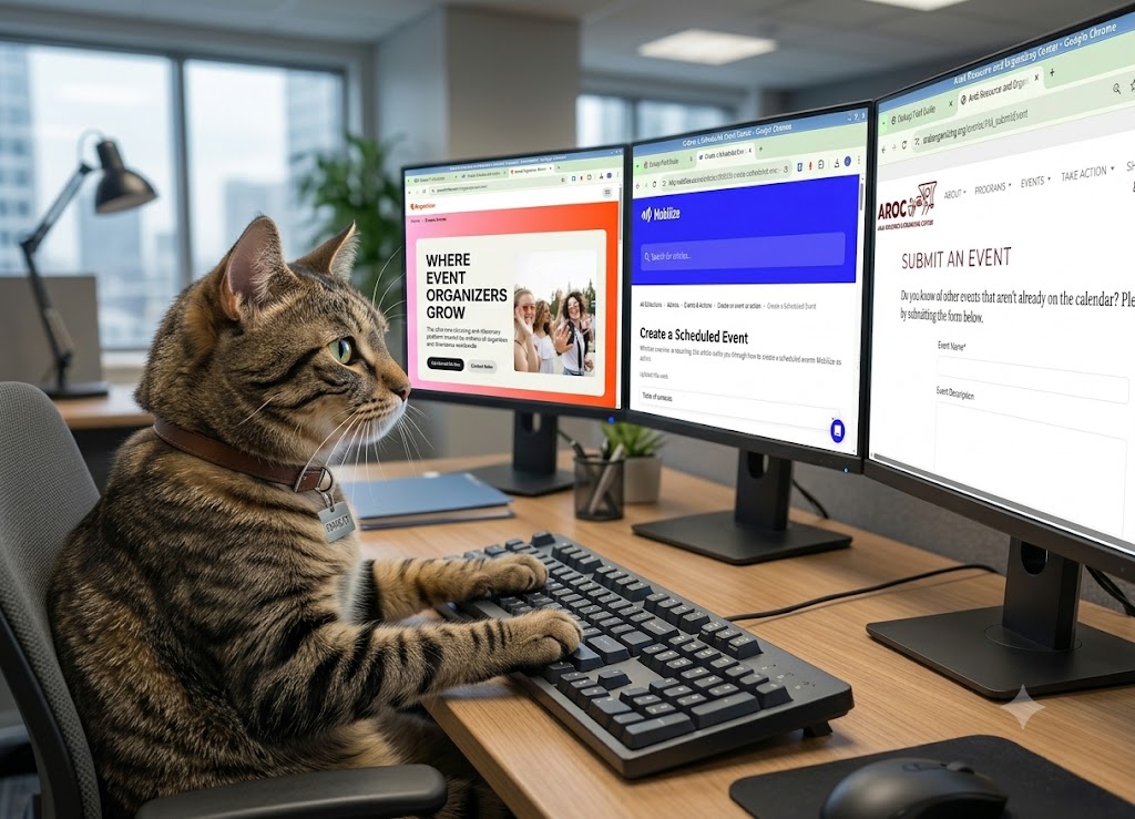 A cat typing at a desk with three monitors, each showing a different login screen