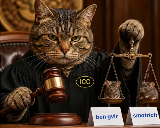 A cat in judge's robes bangs a gavel at an ICC bench, weighing 'ben gvir' and 'smotrich' on a scale of justice.