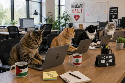 Four cats working at laptops around an office table, with Palestinian and Lebanese flag mugs, a 'No War on Iran!' sign, and a 'Medicare 4 All!' poster.